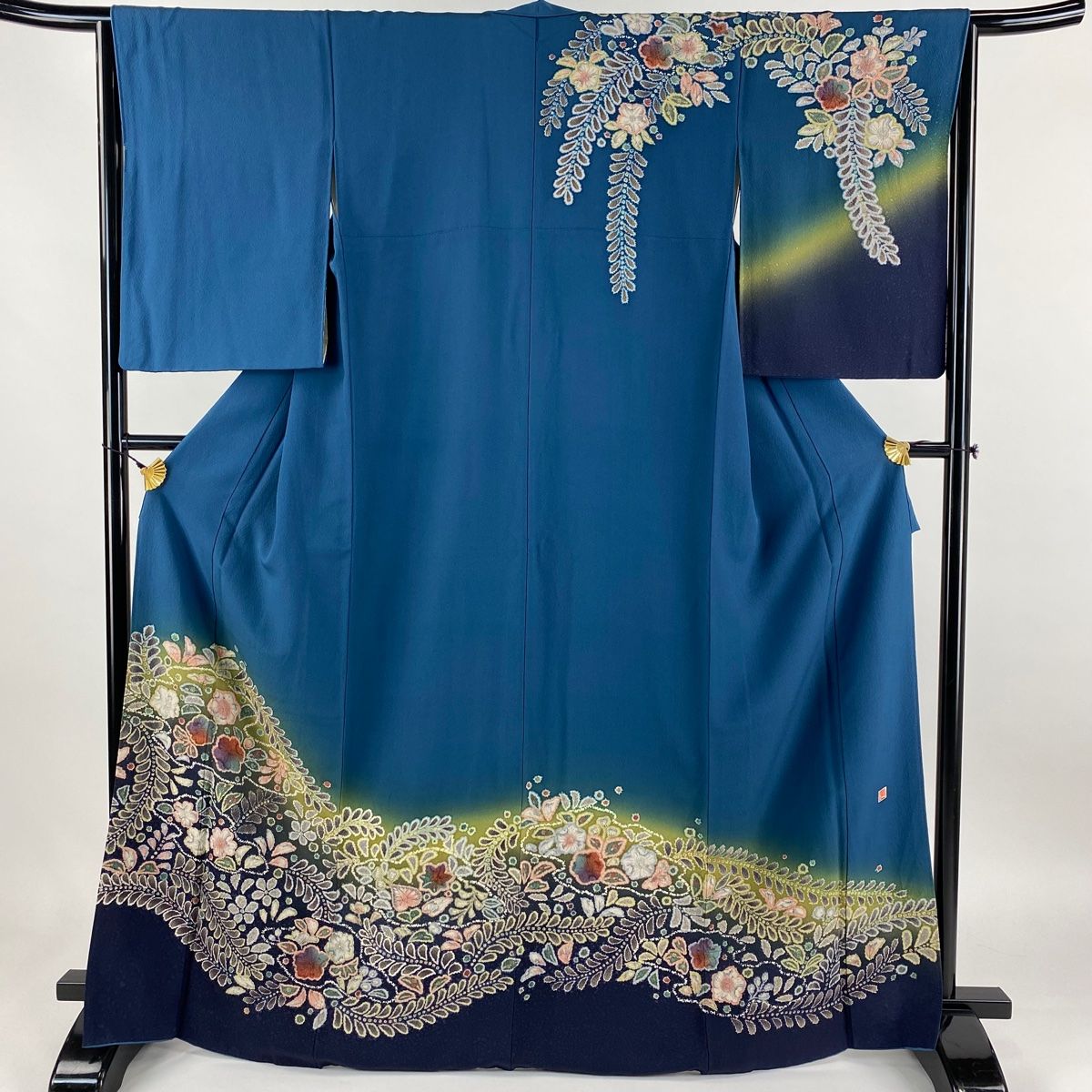 訪問着 身丈160cm 裄丈64.5cm M 袷 落款 辻が花 ぼかし 青緑 正絹 名品
