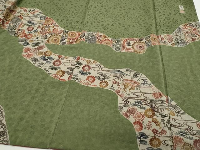 平和屋着物●訪問着　作家物　型染め　都巳二　花唐草文　鬼しぼ縮緬　正絹　逸品　CAAQ9172vf 平和屋着物○訪問着 作家物 型染め 都巳二 花唐草文 鬼しぼ縮緬 正絹