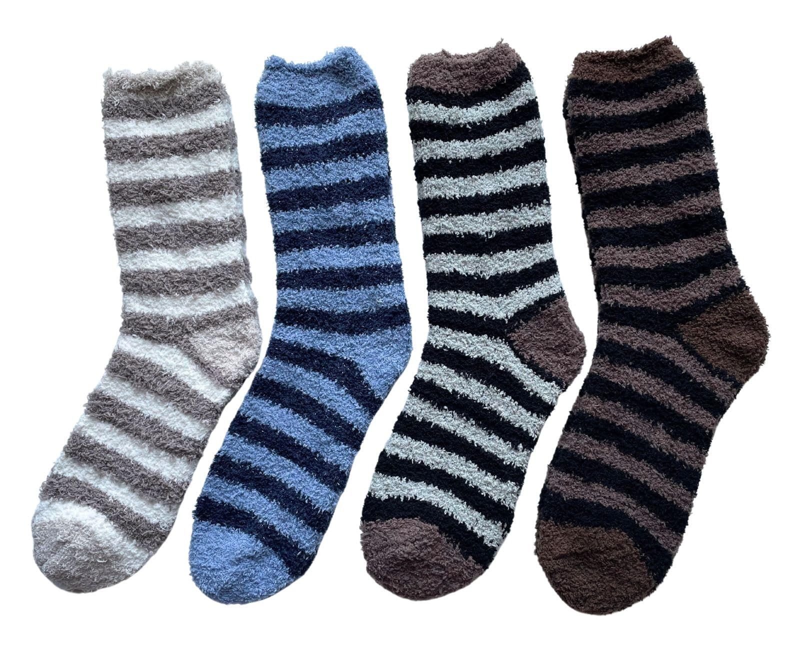 [モードセレクト] ふわふわソックス メンズ 4足組 あったか 厚手 冬 靴下 メンズ 厚手 冬 もこもこ 柔らかいルームソックス ボーダー4足セット（色お任せ） D24
