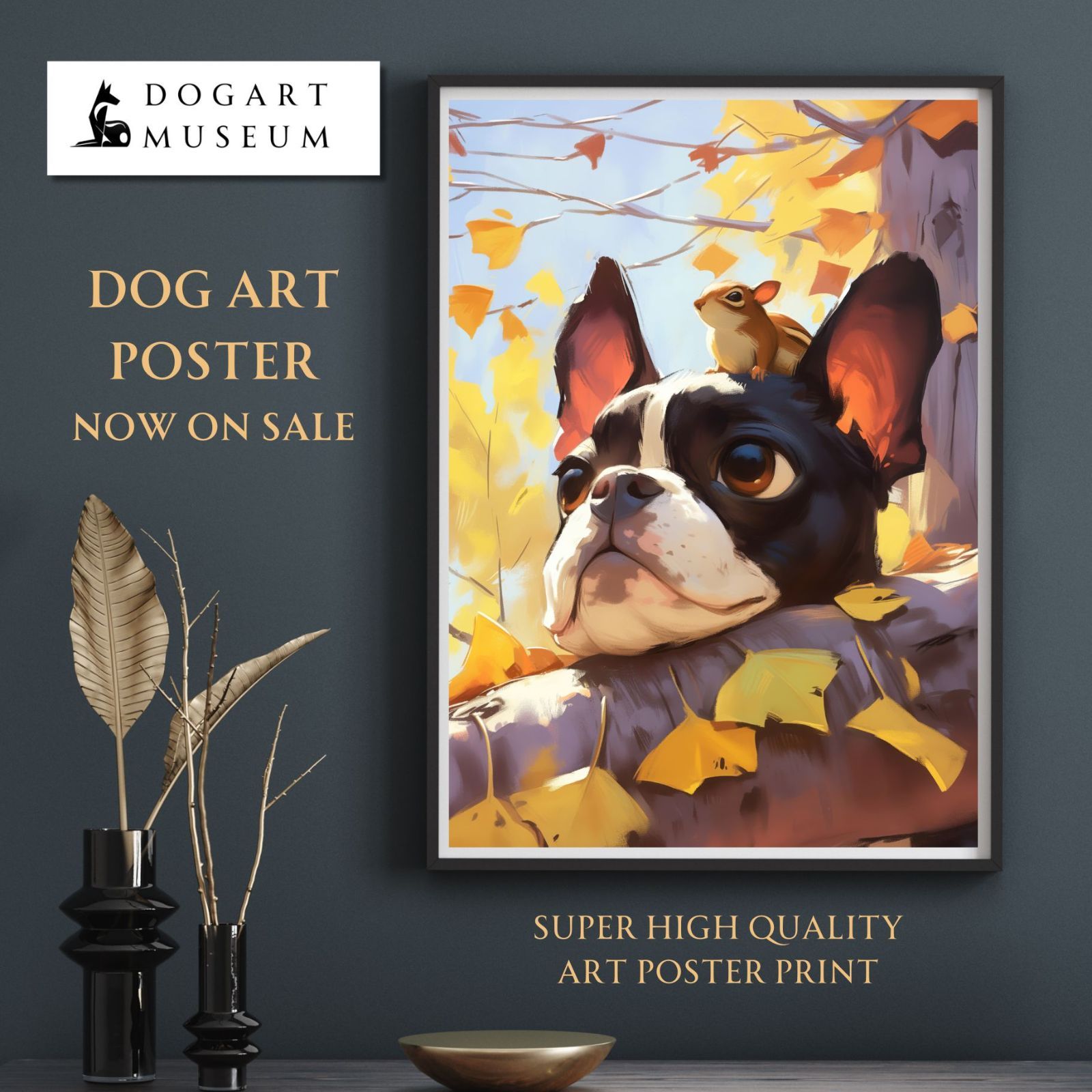栗鼠犬戯舞 - ボストンテリア犬の子犬 No.2 リス 紅葉 秋 子犬 ペットロス うちの子記念日 アートポスター 犬の絵 犬のイラスト