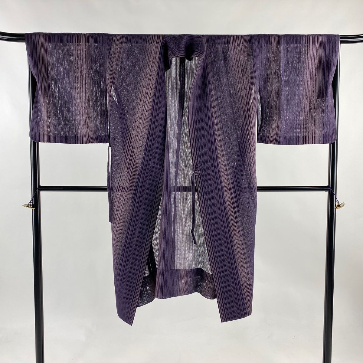 道中着 身丈118cm 裄丈66.5cm M 和装コート 縦縞 紫 正絹 美品 秀品  