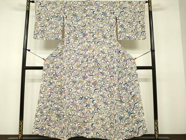 平和屋着物▽上質な小紋 単衣 型染 草花文 鬼しぼ縮緬 正絹 逸品