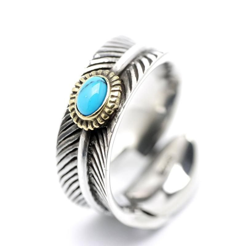 [シルバーワン] ko ターコイズ シルバー925 フェザー スパイラル リング メンズ フリーサイズ(23号～) 指輪