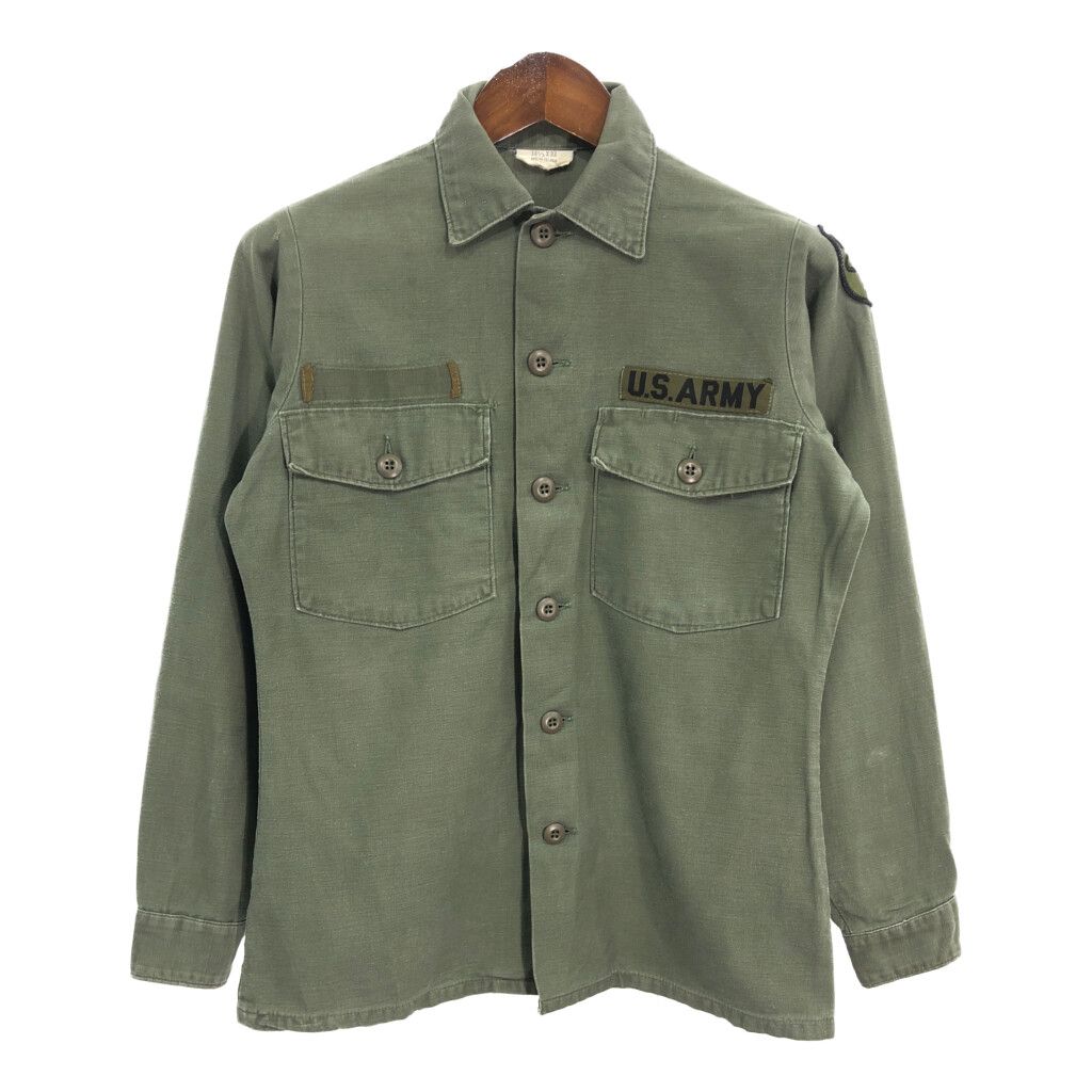 70年代 米軍実物 U.S.ARMY OG-107 コットンサテンシャツ 長袖シャツ グリーン (メンズ 14 1/2 ×33) 中古 古着 R3980