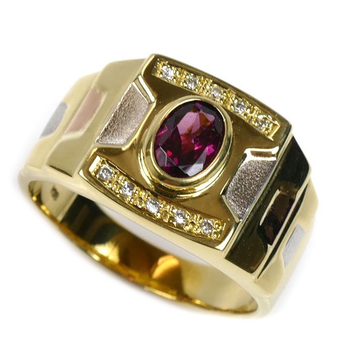 K18YG イエローゴールド Pt900プラチナ リング 指輪 ガーネット ダイヤモンド0.05ct 20号 10.2g メンズ