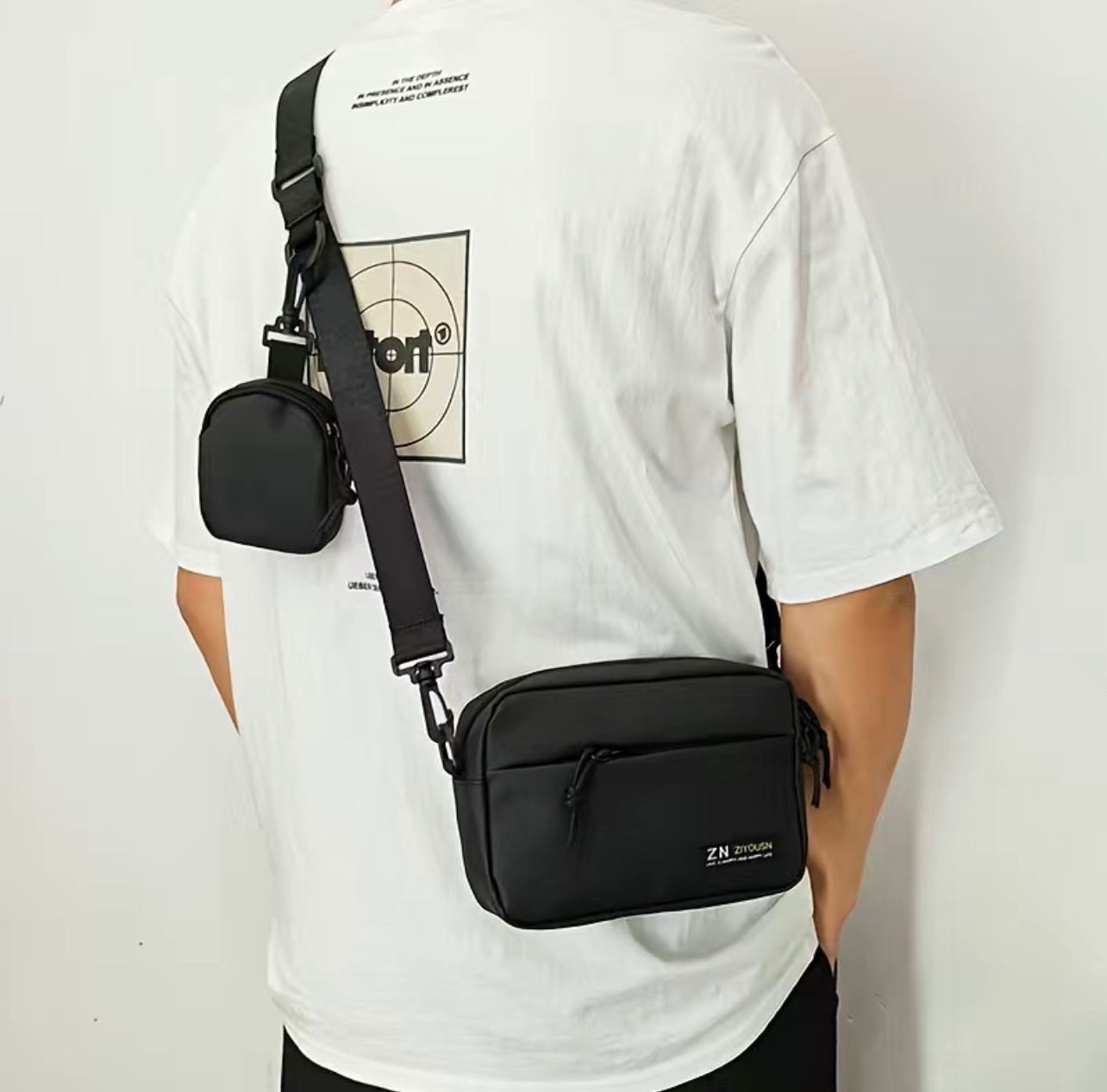 ファッションベルトバッグ、メンズクロスボディバッグカジュアルショルダーバッグ、小さなポーチ付き、ハイキング、サイクリング、ウォーキング、旅行用の携帯電話バッグ(黒)