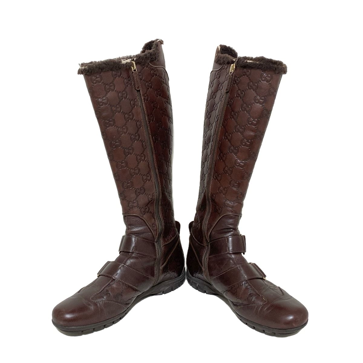 GUCCI グッチ ロングブーツ 35 レディース - 182332 ダークブラウン シマライン|インターロッキングG レザー ムートン