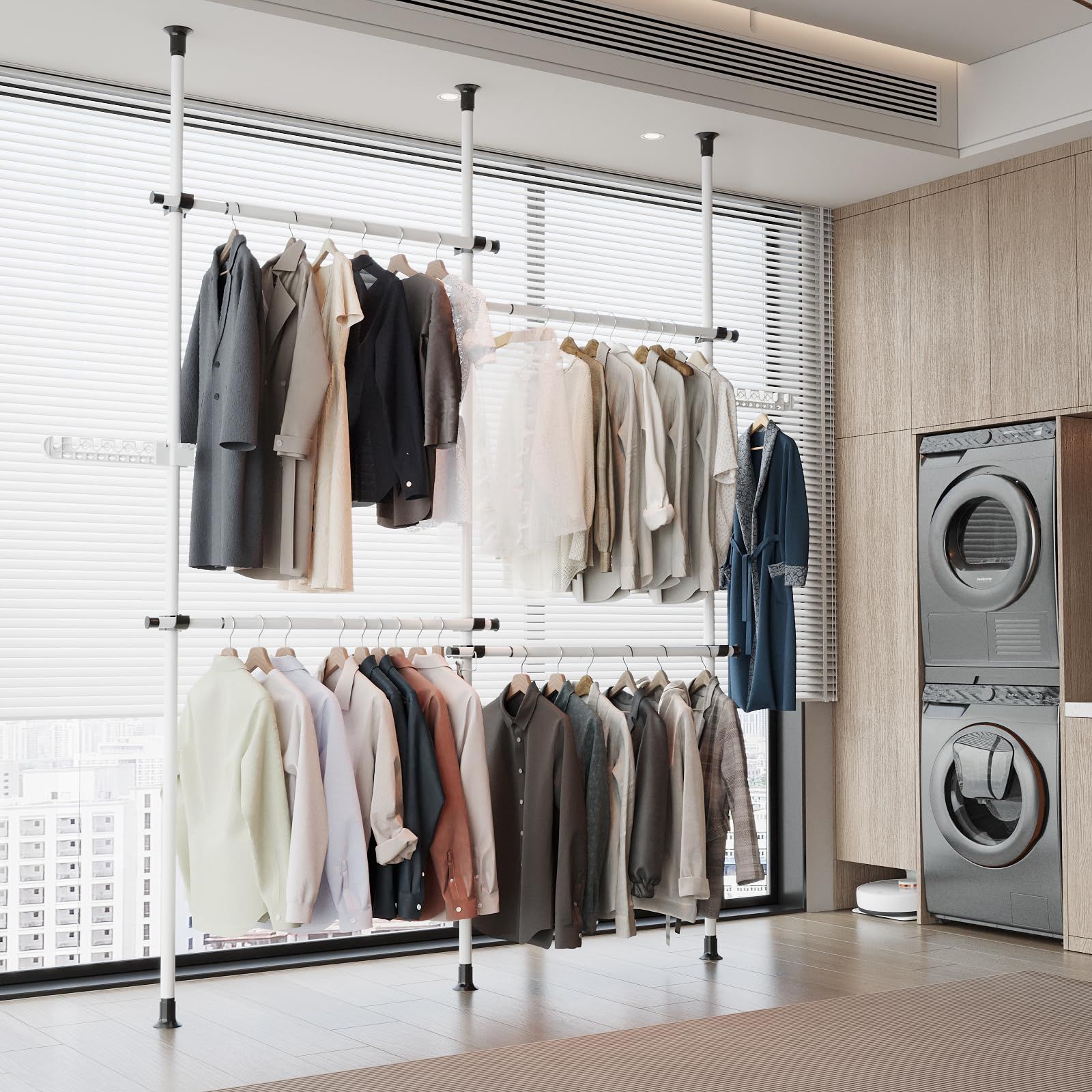 ハンガーラック 突っ張り ツッパリハンガーラック 2非折り畳み翼 1タイバー付き ポールハンガー ラックハンガー ワードローブ スリム 頑丈 部屋干し おしゃれ クローゼット 突っ張り式 縦横伸縮 幅140-220cm 高さ110-310cm 衣類 NEXPOTALLINN_EU