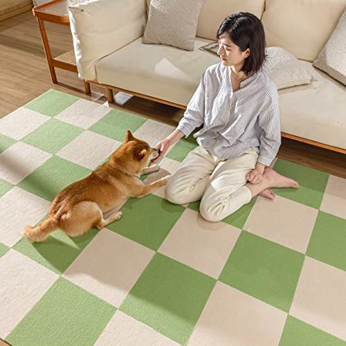 30*30*0.4cm（20枚入り）_アイボリー*ライトグリーン SHIEN ジョイントマット 吸着 タイルマット【30*30*0.4cm 20枚セット】 ズレない めくれない フローリングカーペット 滑りとめ 防臭防菌 防音保