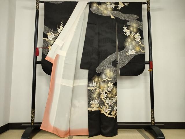 平和屋着物○豪華振袖 総刺繍 枝梅 黒地 金銀糸 正絹 逸品 AAAT2276ck