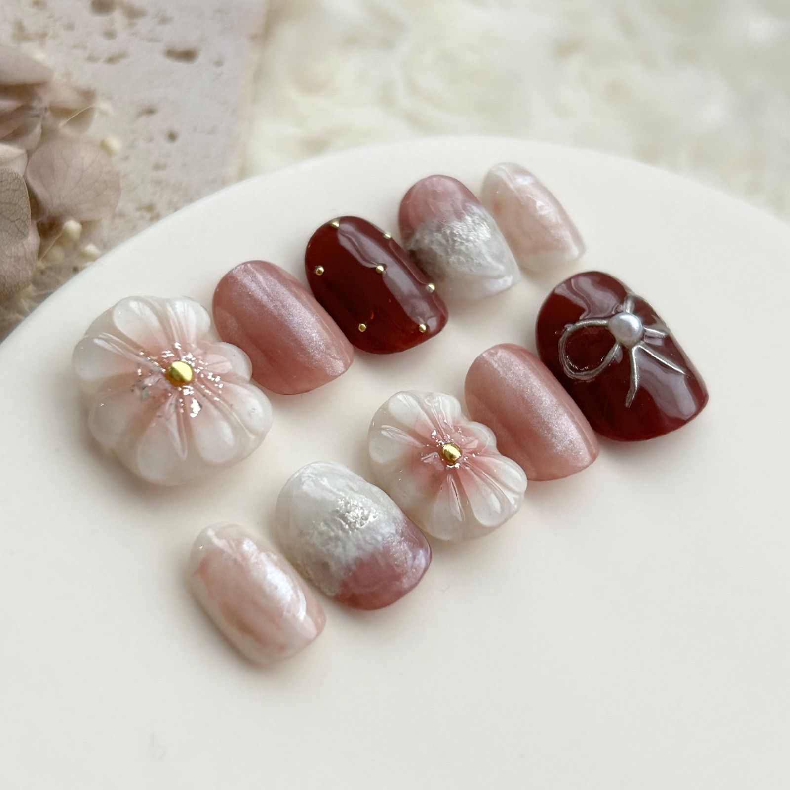 ネイルチップニュアンスぷっくり花リボンミラー淡色【現品】990 fe80aac3fb4fa3483343e645c41c1a