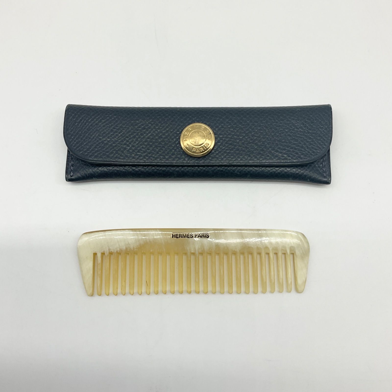 ●HERMES エルメス コーム くし 櫛 バッファローホーン ネイビー レザーケース付 ABランク 1_152