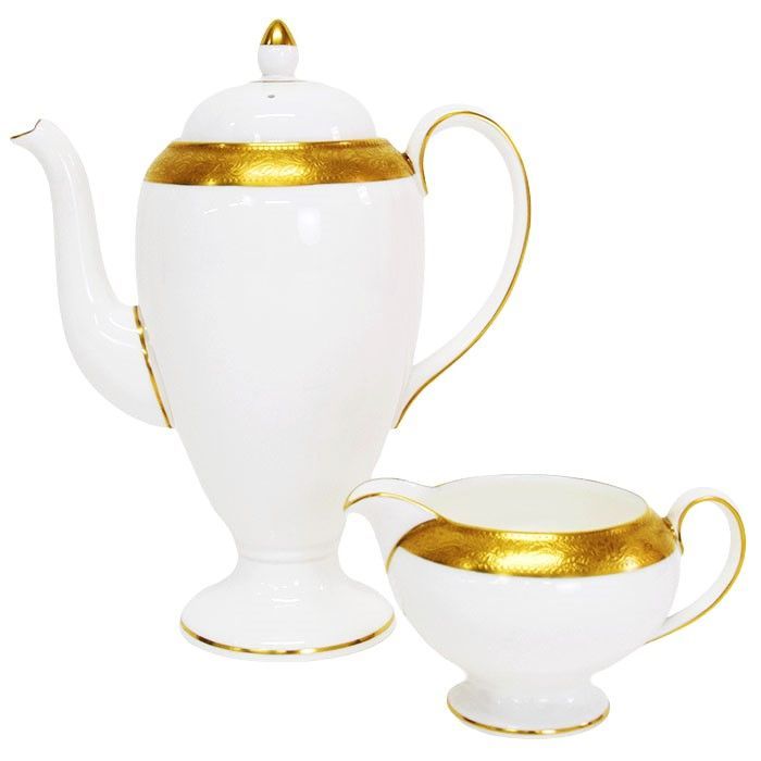 ウェッジウッド WEDGWOOD アスコット ASCOT コーヒーポット ＆ クリーマー ボーンチャイナ 陶器 金彩 イギリス製 廃盤品 黒壺 レディース メンズ ホワイト | ゴールド 正規品 mbm07017