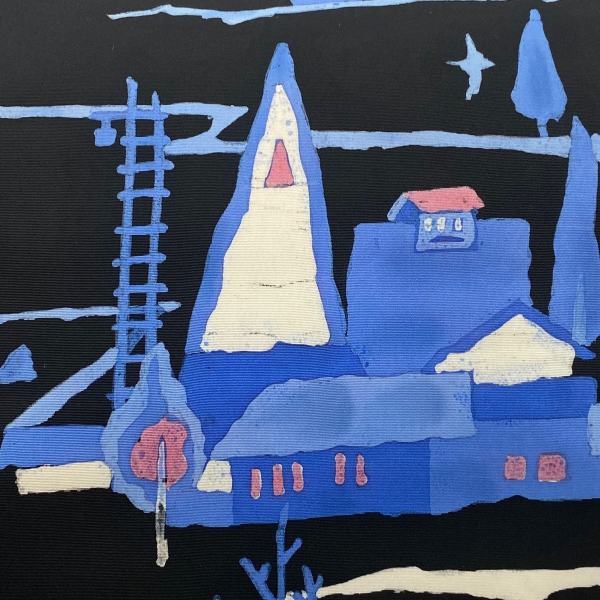 開き名古屋帯 秀品 風景 建物 黒 正絹