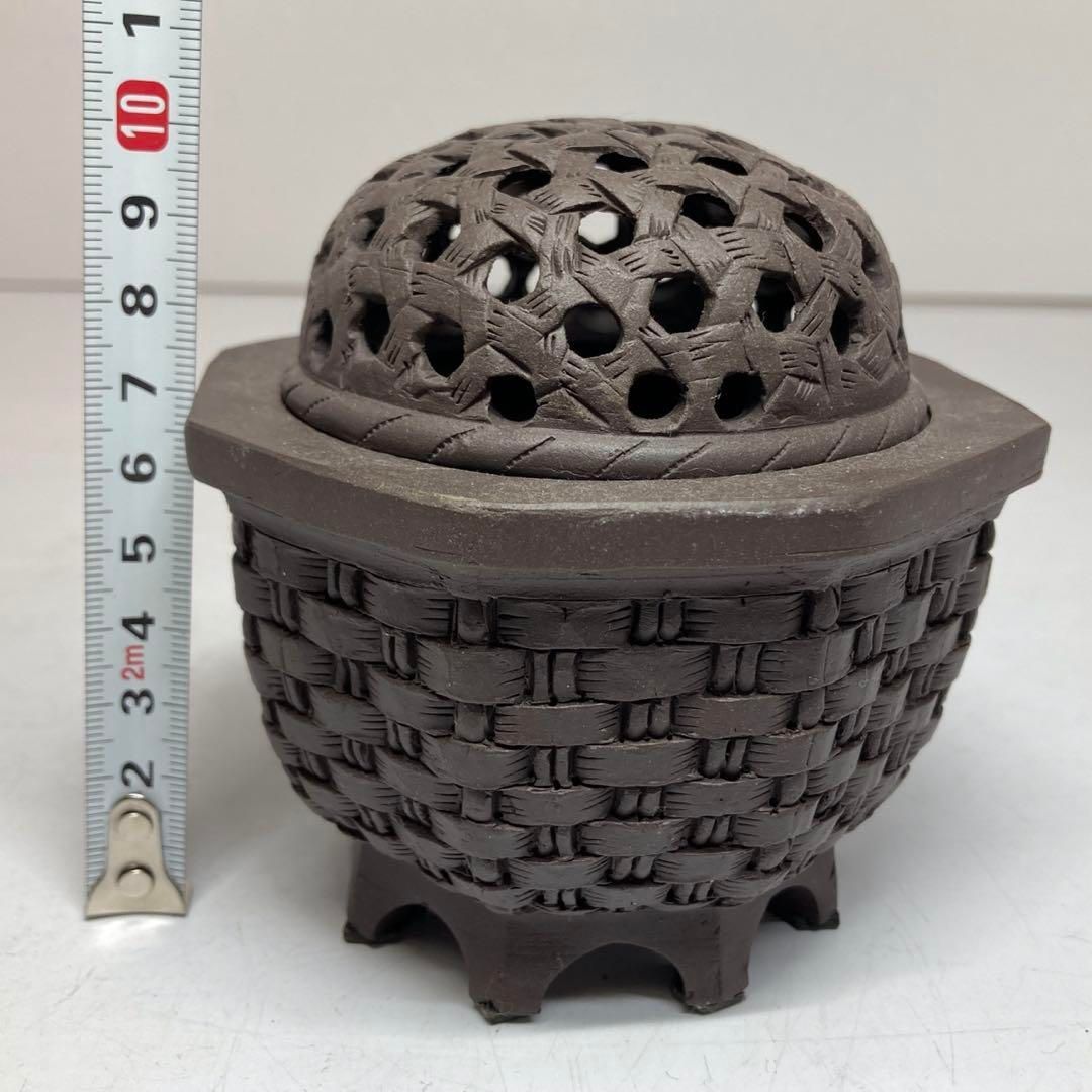 上 細工物 朱泥 網手香炉 幅約10㎝ 東さ5-0517