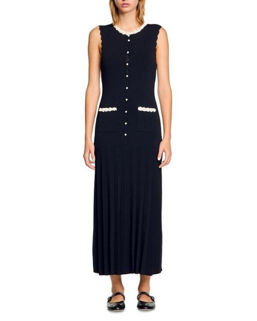 sandro★ ROBE LONGUE A DETAILS CROCHETES ワンピース Long dress with crochet detailing black / gray For Women