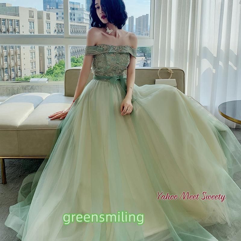 ドレス パーティードレス オフショルダー 編み上げ グリーン ロングドレス Aライン 花嫁 結婚式 二次会 演奏会 発表会 披露