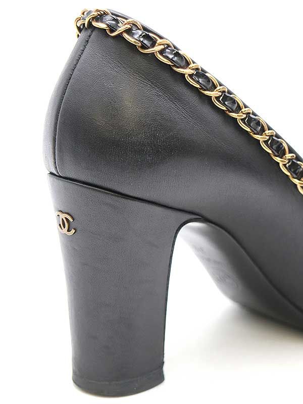 CHANEL シャネル パテントトゥ チェーンデザインヒールパンプス