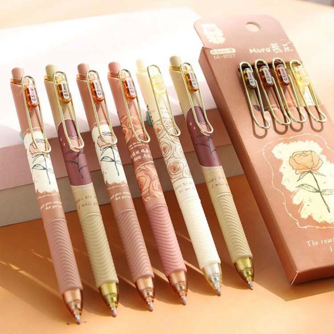 アンティーク風 ゴールドクリップ 薔薇柄 ボールペン 4本入