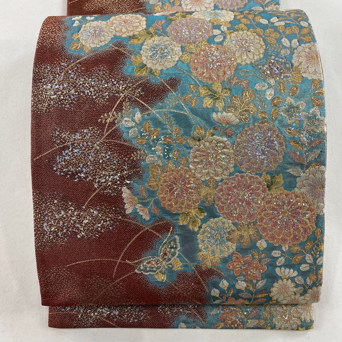 袋帯 秀品 秋草 蝶 箔 金糸 水色 六通 正絹