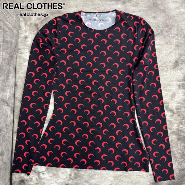 Marine serre|マリーンセル MOON PRINTED JERSEY SECOND SKIN CREWNECK TOP BLACK-RED|スキン クルーネック トップ|長袖|XS