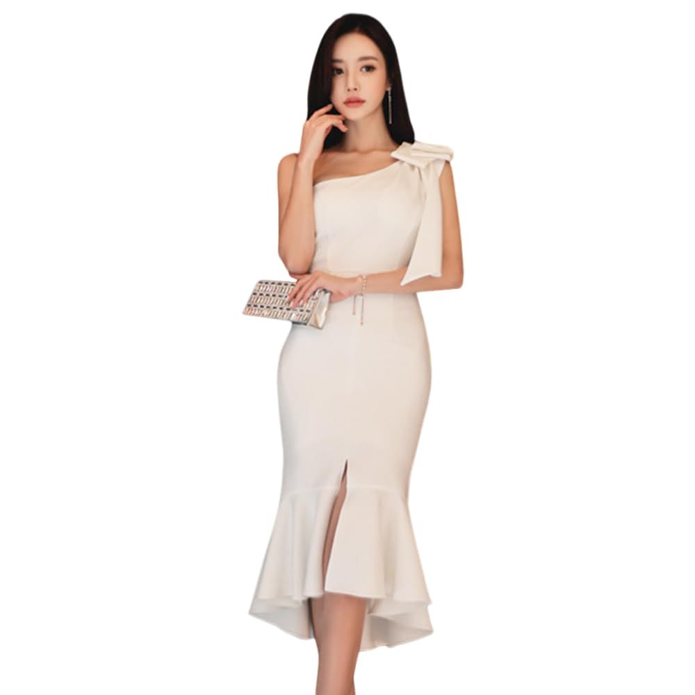 GRAXIA グラシア キャバドレス ミディアムドレス ワンショルダー マーメイドライン ワンピース キャバ嬢 キャバクラ ラウンジ リボン ドレッシー 膝丈 レディース ホワイト Mサイズ