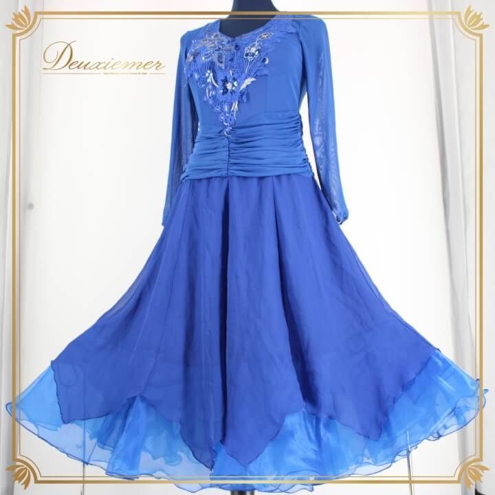 社交ダンス 衣装 スタンダード ドレス ワンピース レッスンウェア レディース オールシーズン ブルー系 ICHIOKU イチオク 青 花柄 スパンコール 長袖 花模様 おしゃれ 高品質 エレガント トレーニング 舞台用 ダンスウェア レディースファッション