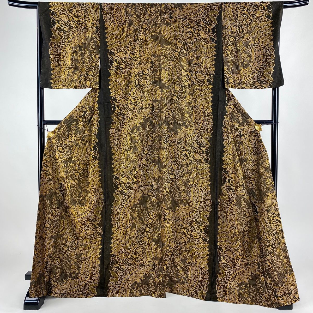 お召 身丈169cm 裄丈68.5cm L 単衣 草花 山吹色 正絹