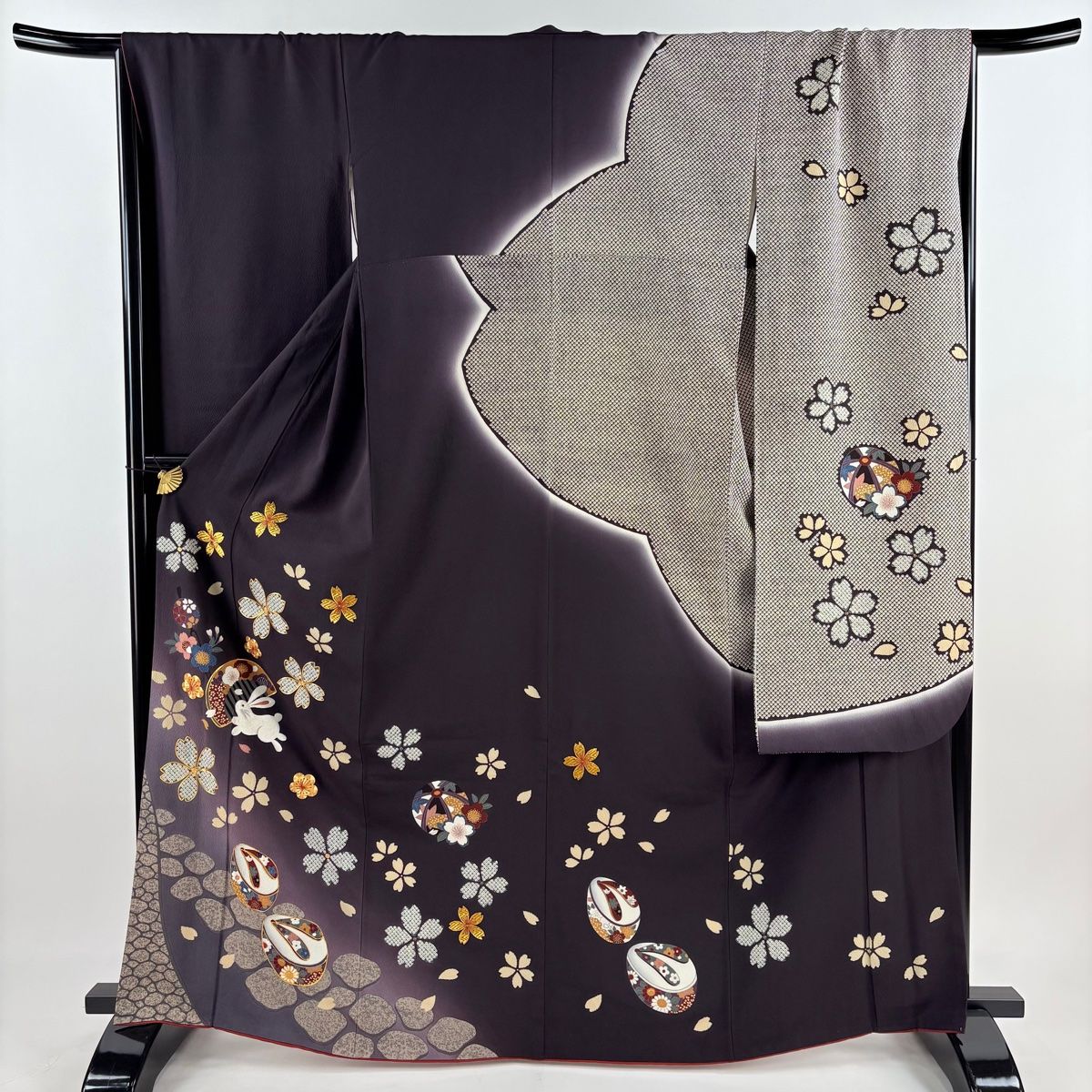 振袖 身丈165.5cm 裄丈68cm L 袷 ぽっくり うさぎ 金糸 刺繍 墨色 正絹 名品