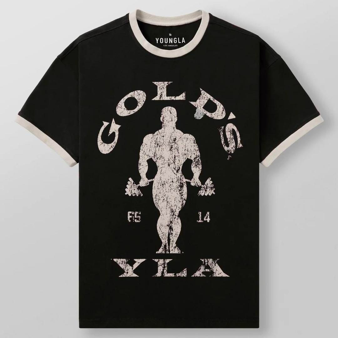 公式 ヤングエルエー ゴールドジム YoungLA  GOLD GYM 半袖 リンガーTシャツ ブラック S～2XL