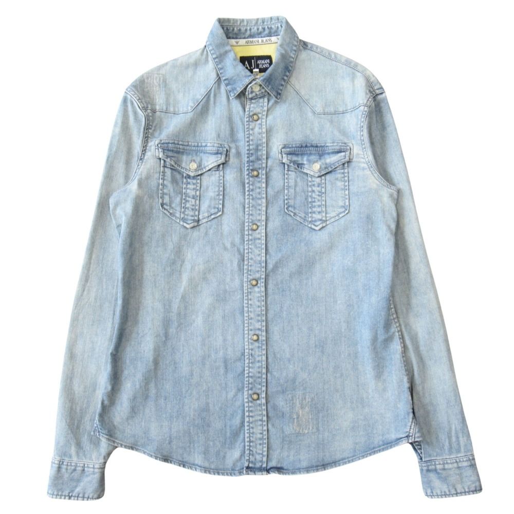 ARMANI JEANS アルマーニ ジーンズ ダメージ加工 デニム シャツ カットソー 長袖 ロゴ 刺繍 サイズL 青 ブルー メンズ 古着