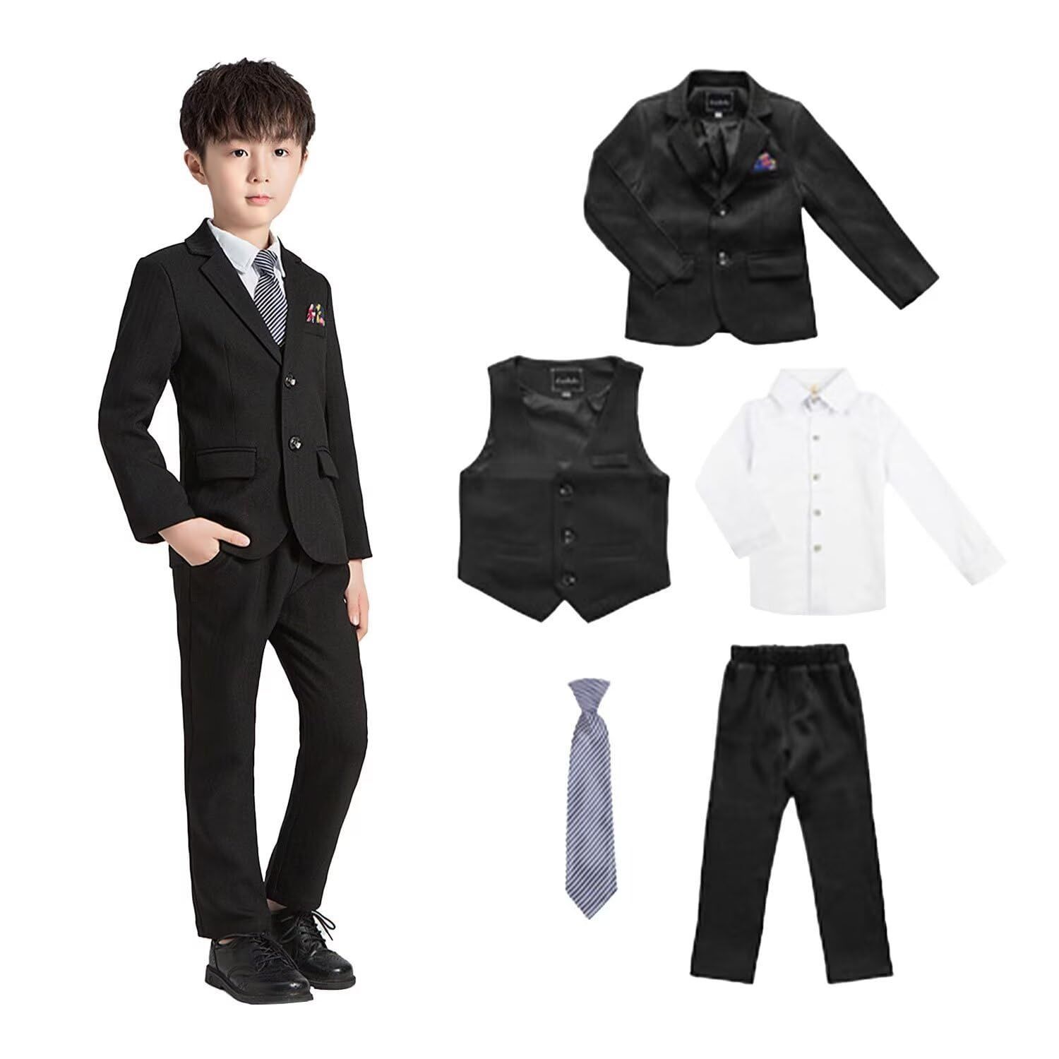 140_ブラック（5点セット） [WEEN CHARM] 男の子 スーツ キッズ フォーマル 子供 ボーイズ フォーマルスーツ ストライプ セットアップ 5ピース 長袖 紳士服 発表会 入学式 卒業式 七五三
