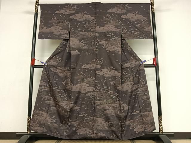 平和屋着物○訪問着 紬地 型染め 亀甲花唐草文 正絹 逸品