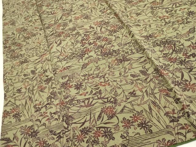 平和屋着物□上質な小紋 型染め 草花文 鬼しぼ縮緬 正絹 逸品