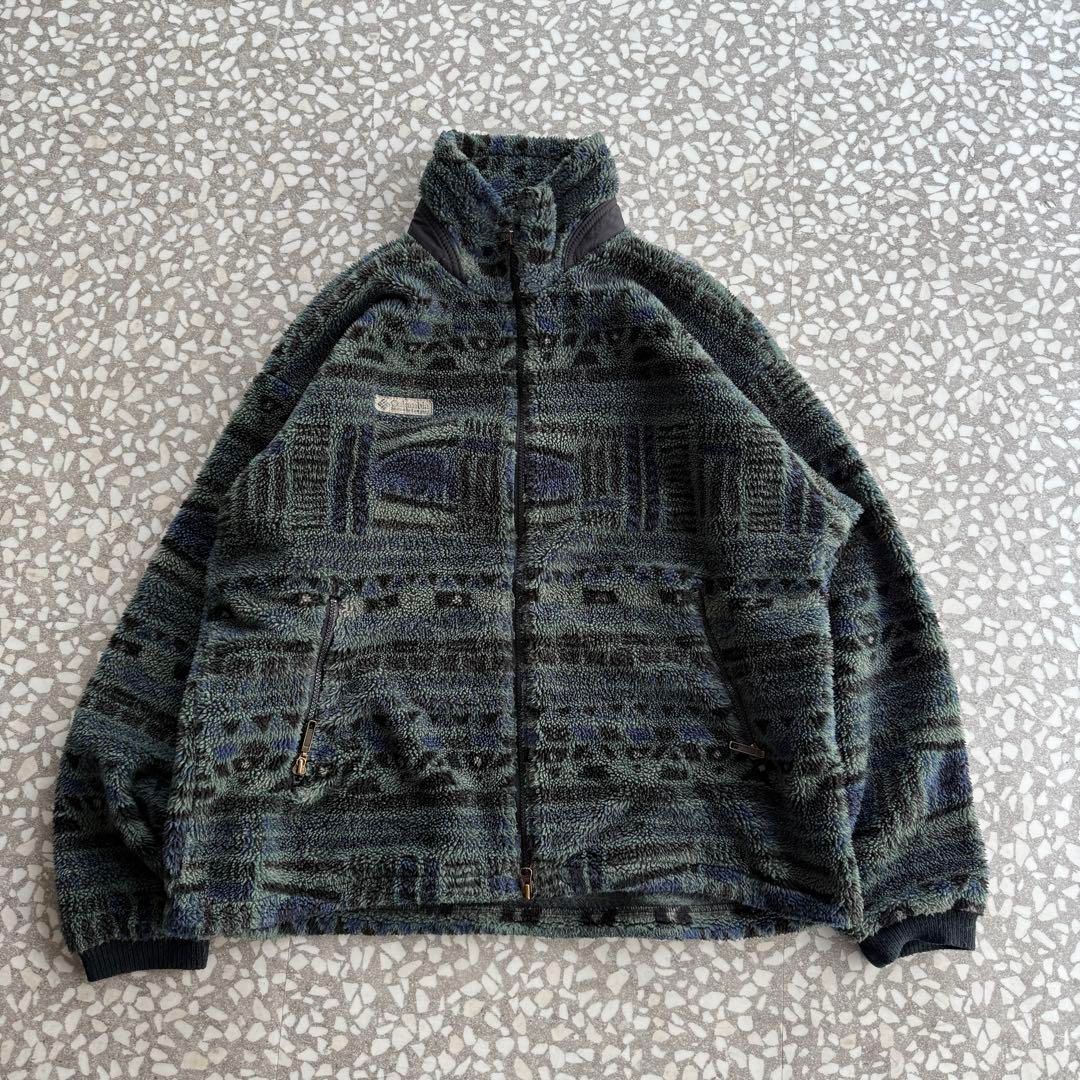 90年代 ドローコード コロンビア総柄フリースジャケット古着アウター Columbia もこもこ ネイティブ柄デザイン 短丈 アウター ジャケット ダブルジップ トレンド アメリカ製 アウトドア
