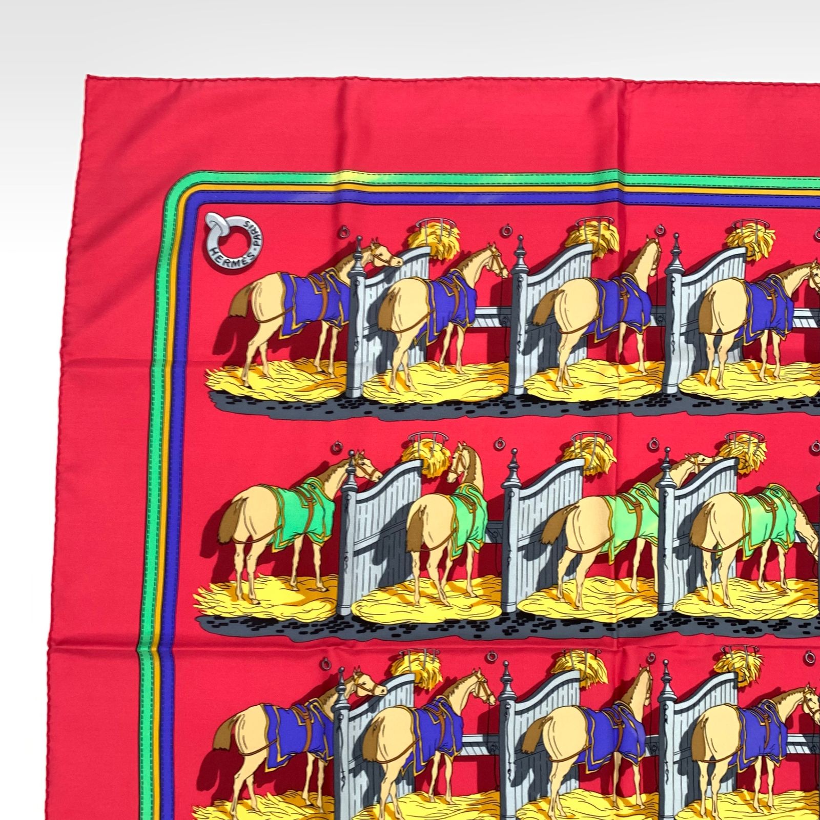 美品 HERMES エルメス カレ90 ECURIES 厩舎 馬柄 スカーフ シルク100