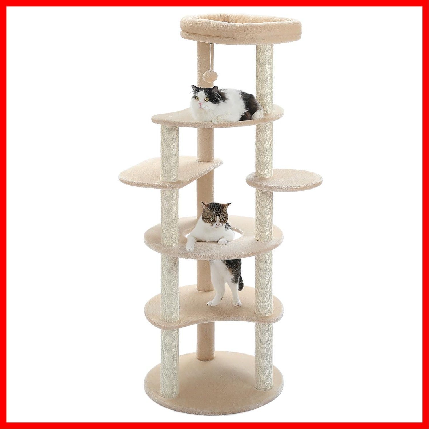 倒れ防止策 運動不足解消 人気 - 省スペース コンパクト おもちゃ 爪とぎ 麻紐 高さ154cm 据置 インテリア かわいい おしゃれ 多頭飼い ベージュ 猫タワー 大型猫用 スリム キャットタワー PETEPELA ぺテぺラ