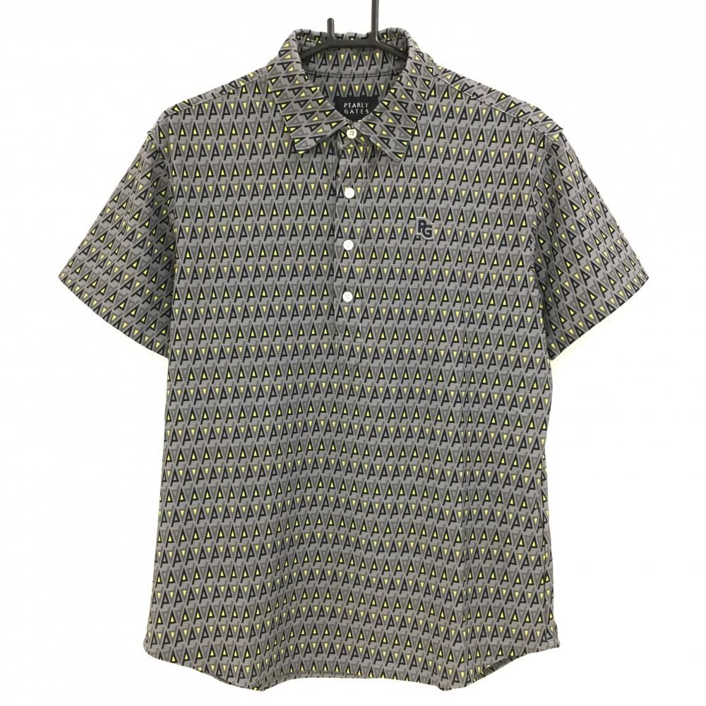 超 パーリーゲイツ 半袖ポロシャツ グレー×ネイビー 総柄 ロゴワッペン メンズ 4 M ゴルフウェア 2025年モデル PEARLY GATES