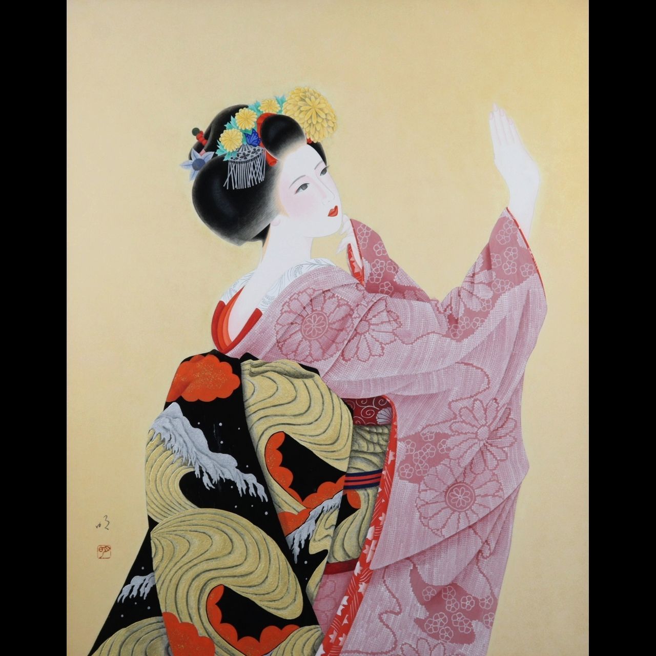 日本画　肉筆画　印あり 絵画 日本画 赤富士群鶴 (山岸春園) 【肉筆】【日本画】【富士