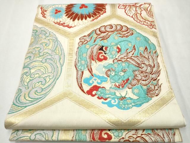 平和屋着物●アンティーク 大正ロマン 六通柄 京袋帯 唐獅子 亀甲花文 金糸 正絹 CAAX1388hy