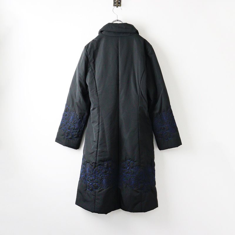 Yukiko Hanai ステンカラーロングコート　ウール　黒　花刺繍　ユリ　Ｍ Yukiko Hanai ステンカラーロングコート ウール 黒 花刺繍 ユリ M