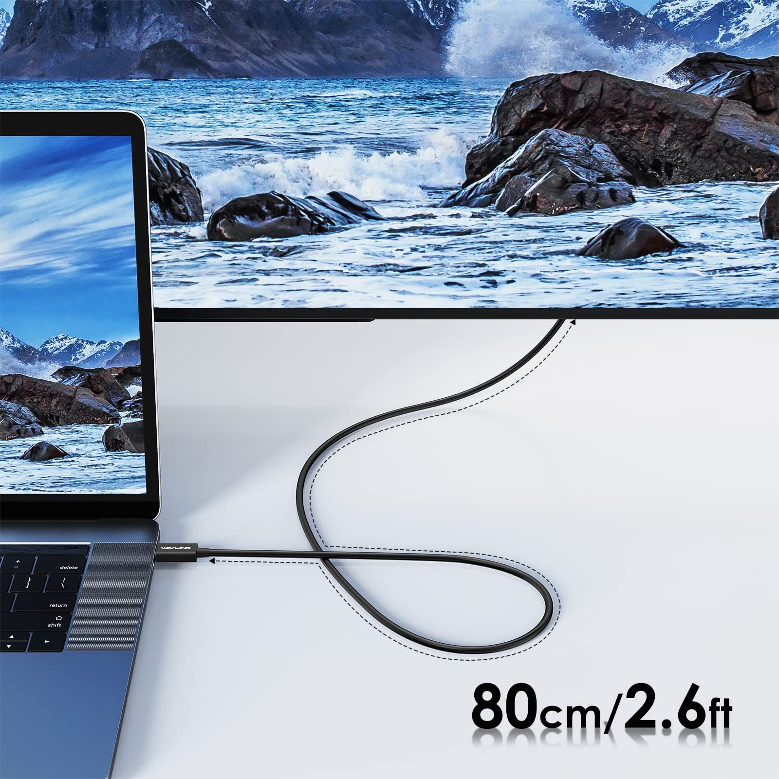 【在庫セール】WAVLINK Thunderbolt 4 ケーブル 40Gbps データ転送、80cm（2.6フィート）USB-C ビデオケーブル、シングル 8K/デュアル 4K ディスプレイと100W 充電 MacBook Pro/Air、iPad 2022