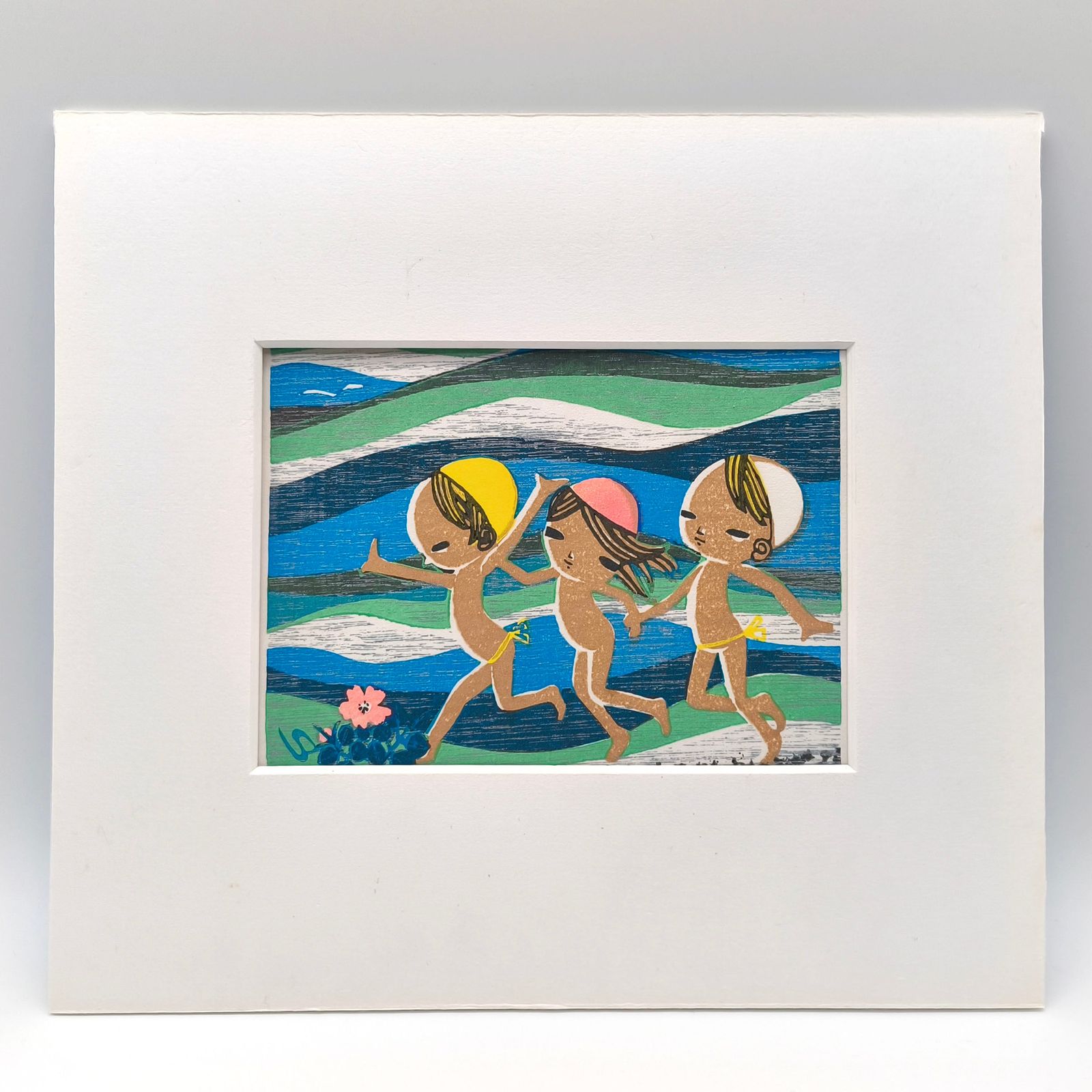 池田修三 池田修三・『7月 海辺の子供』・手摺木版画・昭和レトロ・No