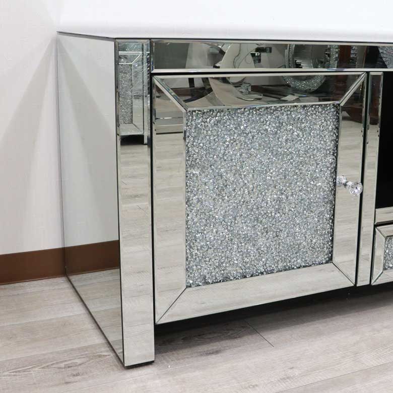 ミラー家具 テレビボード 180cm シルバー ローキャビネット ラインストーン