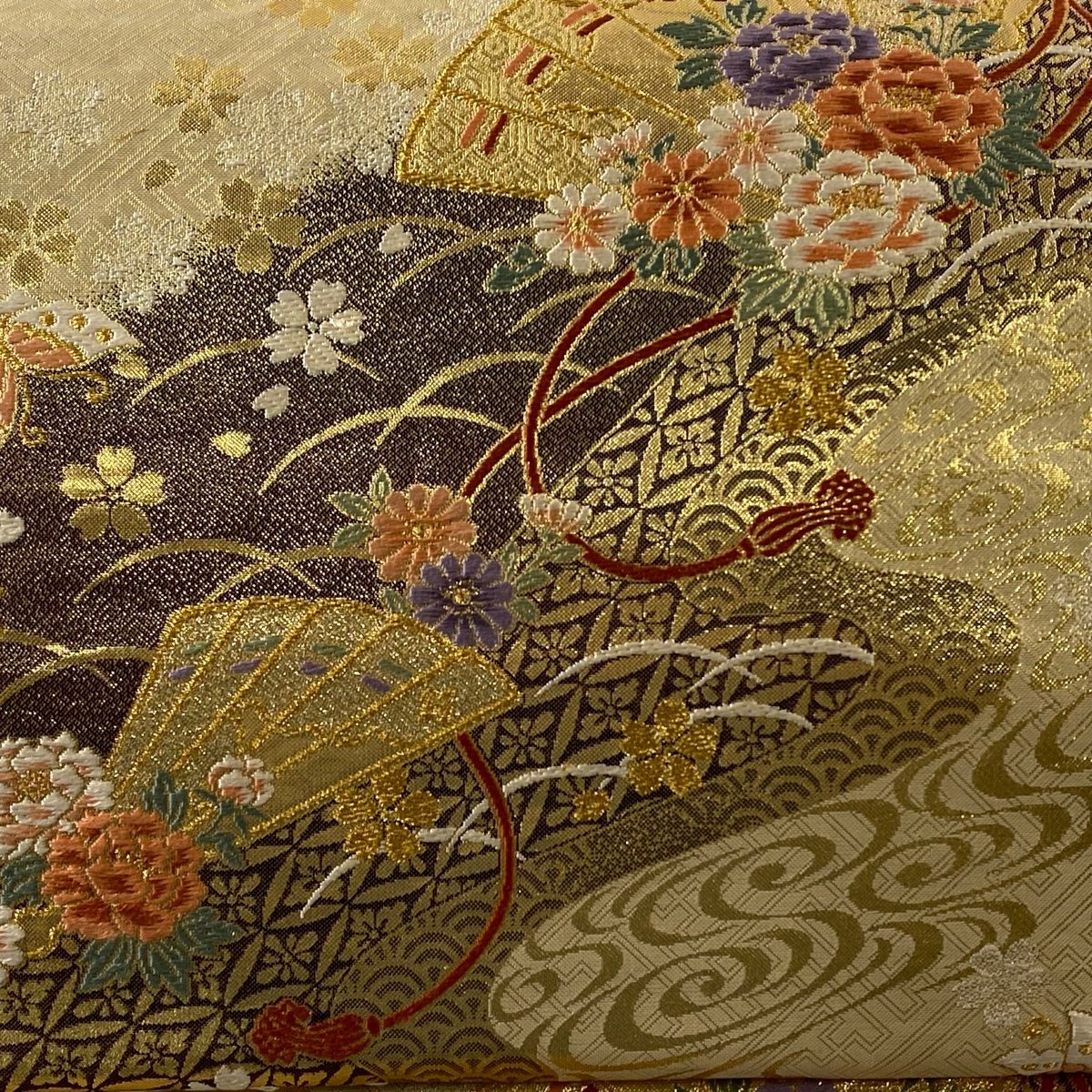 袋帯 美品 秀品 檜扇 草花 金糸 箔 金色 六通 正絹 【中古