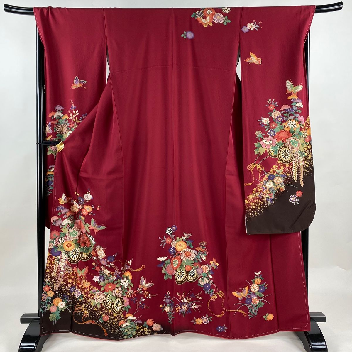 振袖 身丈166cm 裄丈69.5cm L 袷 花車 蝶 金彩 染め分け えんじ色 正絹