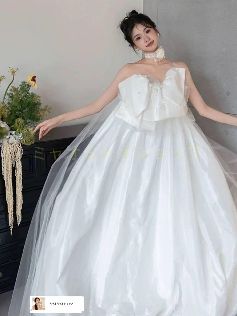 大きなリボン付ウェディングドレス?パールが可愛い結婚式用マタニティOK