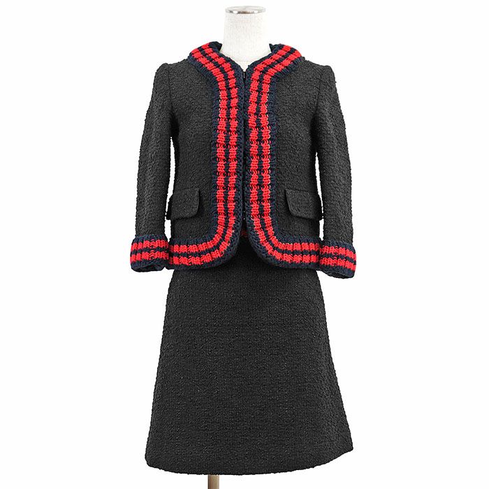 GUCCI グッチ セットアップ ツイード x ニット シェリーライン ハート エンブロイダリー 刺繍 リボン柄 ライニング ノーカラー ジャケット ロゴ ジップ スカート レディース 36 ブラック ネイビー レッド 黒 紺 赤 イタリア製