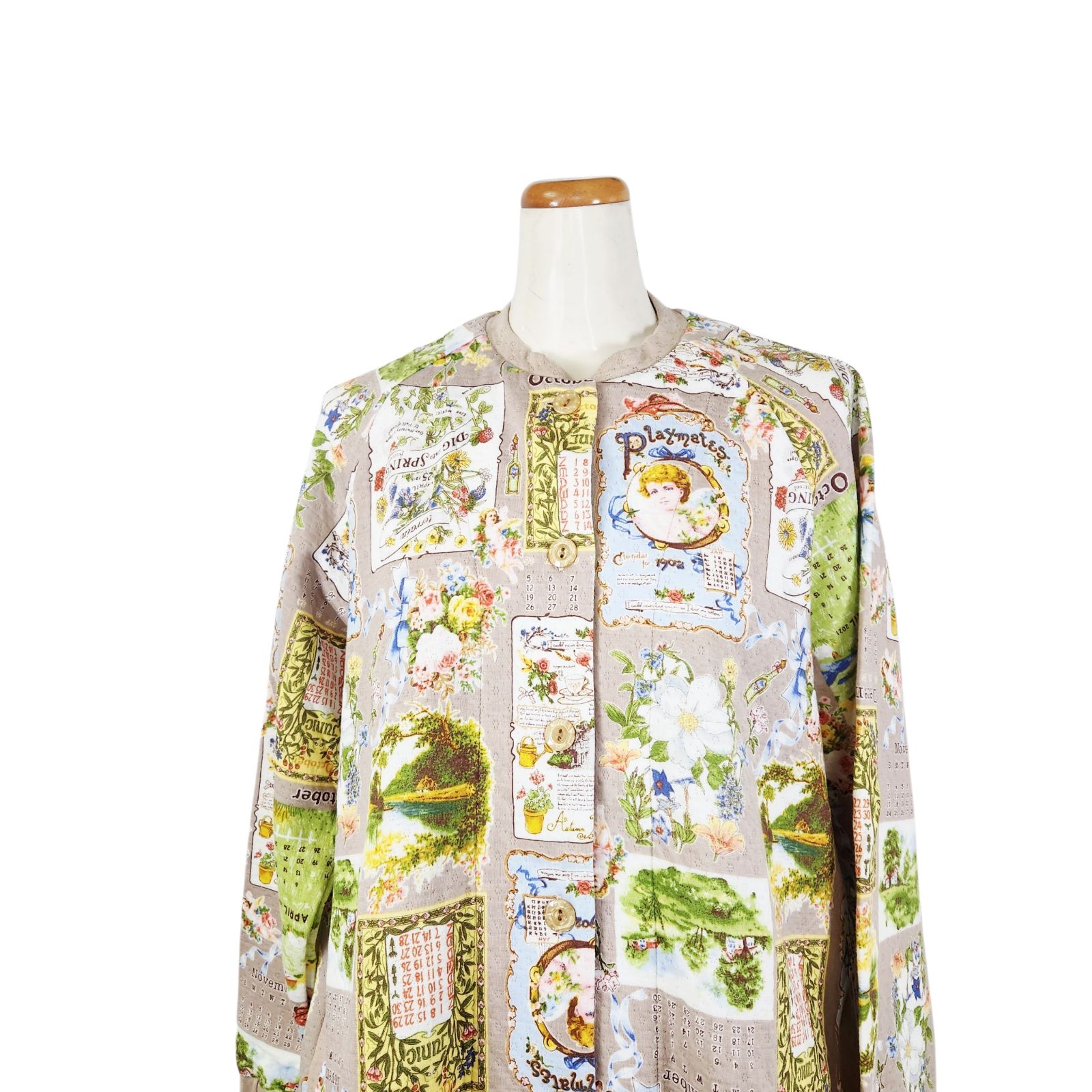 鴨居羊子パジャマ ♥ TUNIC 秋 冬物 長袖丸首全開パジャマ キャットキルト カレンダー ベージュ色 46500 日本製