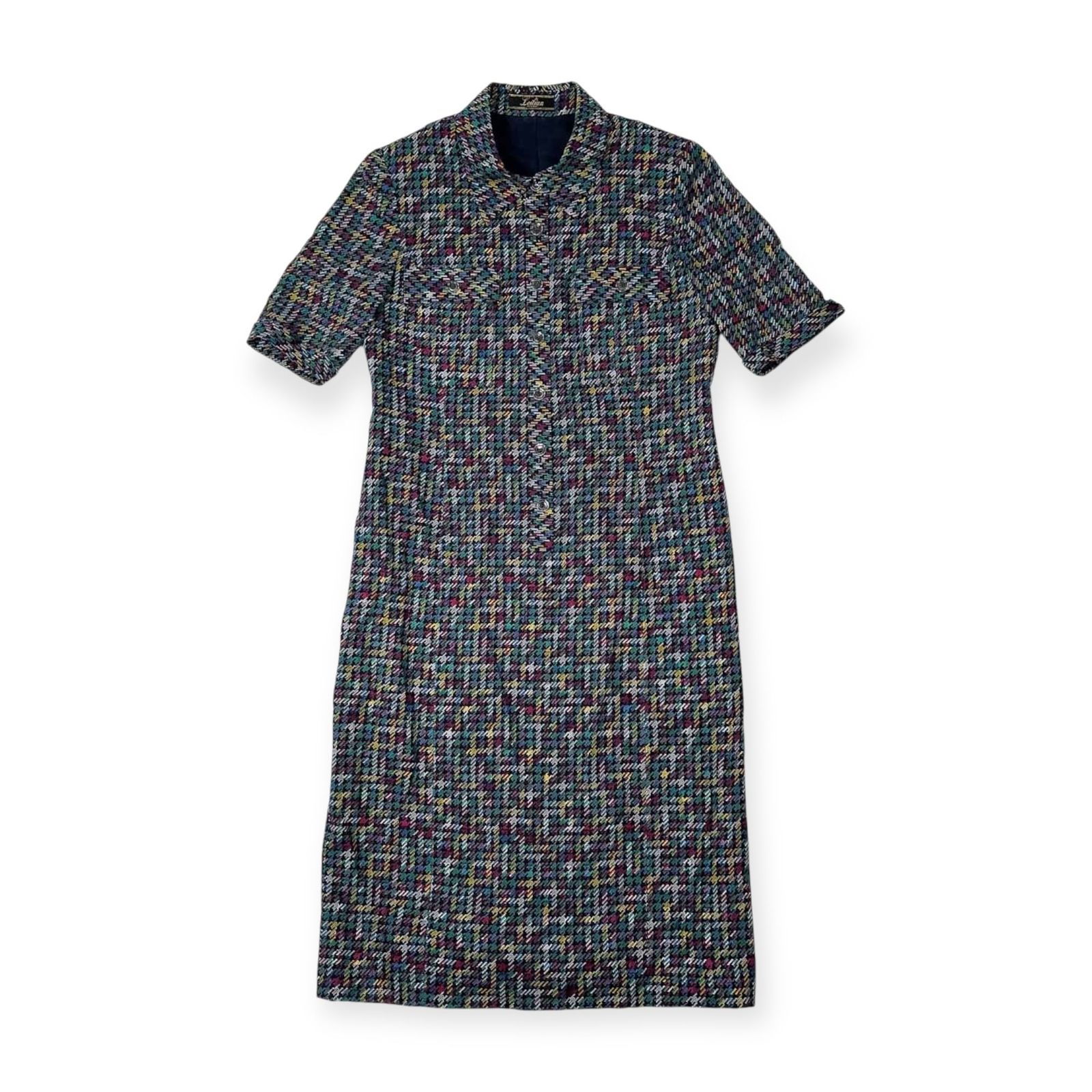 Leilian レリアン 千鳥格子風 マルチ チェック 半袖 ロング ワンピース